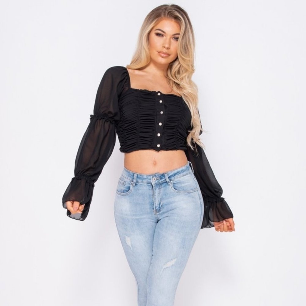 Black Long Sleeve Off Shoulder Ruched Crop Top - Picture 4 of 9